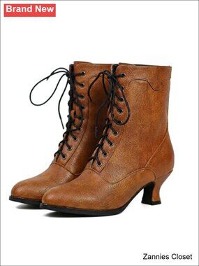 👻 Victorian Ankle Boots Women Mid Calf Round Toe Chunky Heel Lace Up